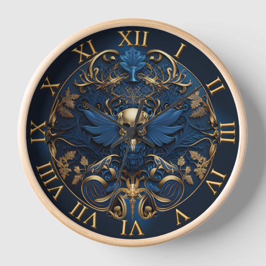 #Skullヴィンテージ装飾美術と青と金ゴールド 壁時計 (正面)