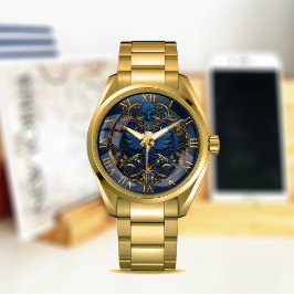 #Skullヴィンテージ装飾美術と青と金ゴールド 腕時計