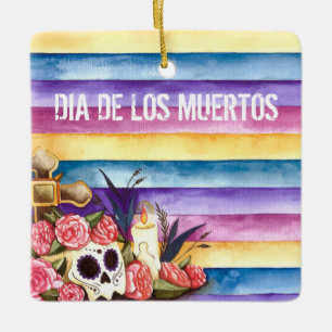Skull花のDia de los Muertos  のオーナメント セラミックオーナメント