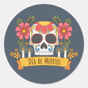 Skull花のDia de los Muertos  のステッカー ラウンドシール