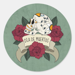 Skull花のDia de los Muertos  のステッカー ラウンドシール