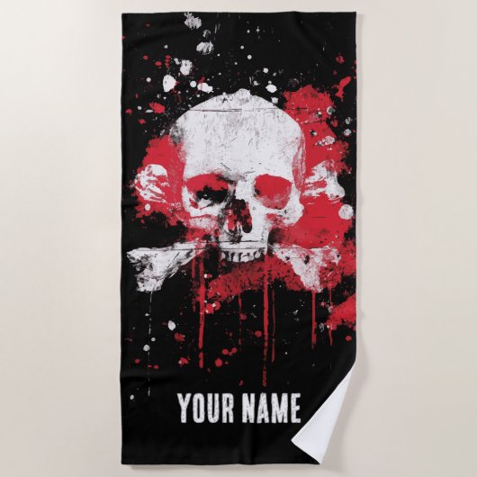 Skull and Crossbones Beach Towel – Red Grunge Art ビーチタオル (正面)