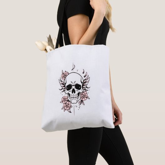 Skull and Flower Tote Bag | Edgy Floral Design トートバッグ (クローズアップ)