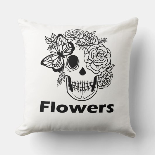 Skull and Flowers black and white クッション (正面)