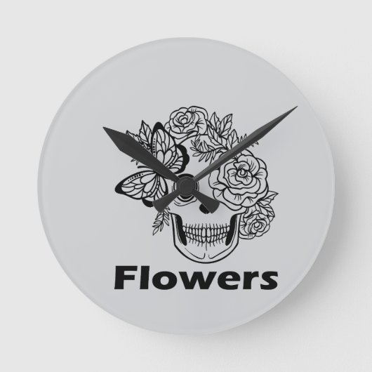 Skull and Flowers black and white ラウンド壁時計 (正面)