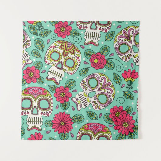 Skull and Flowers. Seamless Background. Mexican da タペストリー (正面)