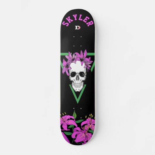 Skull and Pink Tiger Lilies on Black Dd Brand   スケートボード (正面)