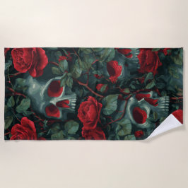 Skull and Red Roses Pattern – Dark Floral Design ビーチタオル