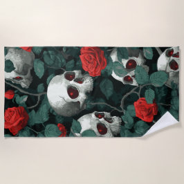Skull and Red Roses Pattern – Dark Gothic Art ビーチタオル
