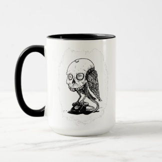Skull bird perched on a vintage rotary phone マグカップ