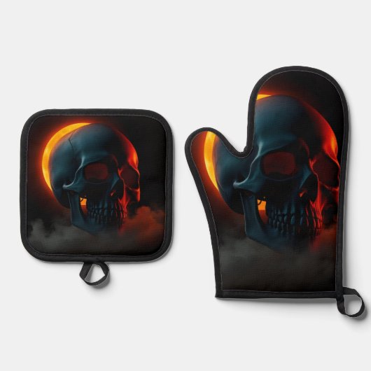 Skull Eclipse Halloween Oven Mitt Set 鍋つかみ&鍋敷きセット (正面)