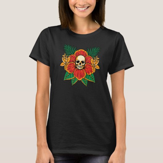 Skull Flower American Traditional Tattoo Old Schoo Tシャツ (正面)