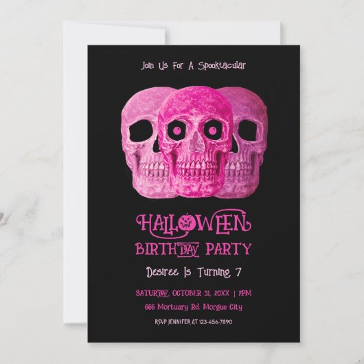 Skull Funny Gothic Girly Pink Halloween Birthday 招待状 (正面)
