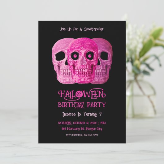 Skull Funny Gothic Girly Pink Halloween Birthday 招待状 (スタンド正面)