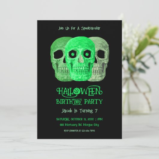 Skull Funny Gothic Green Black Halloween Birthday 招待状 (スタンド正面)