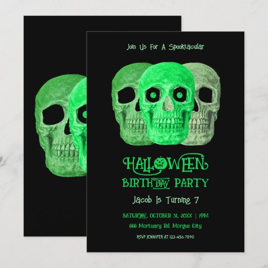 Skull Funny Gothic Green Black Halloween Birthday 招待状 (正面/裏面)