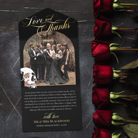 Skull Goth Halloween Wedding Love Thanks Gold オールインワン招待状