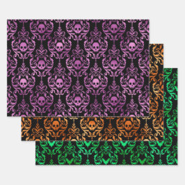 Skull Halloween Damask in Purple, Orange, Green ラッピングペーパーシート