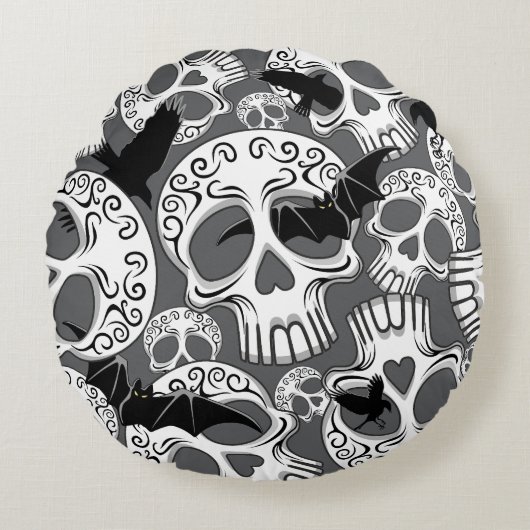Skull Halloween Decorative Calaveras ラウンドクッション (正面)