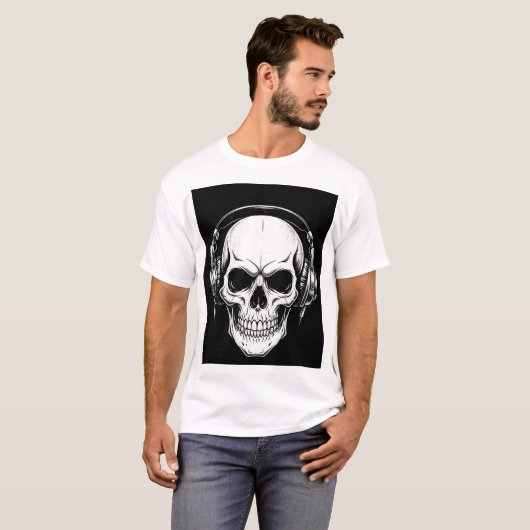 Skull Headphone Gothic Graphic T-Shirt Tシャツ (正面フル)