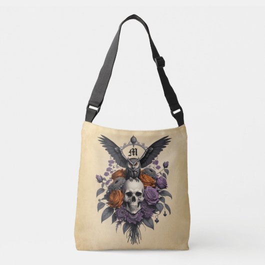 Skull Owl Purple and Copper Roses クロスボディバッグ (正面)