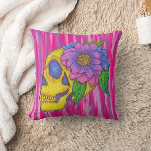 Skull Print Pillow With Yellow Pink Purple  クッション (ブランケット)