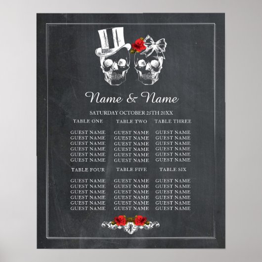 Skull Red Rose Table Plan Wedding Poster Seating ポスター (正面)
