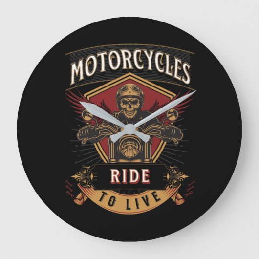 Skull Ride Motorcycles, Ride To Live ラージ壁時計 (正面)