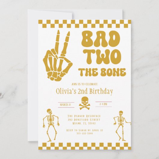 Skull Skeleton Bad to the Bone 2nd Birthday 招待状 (正面)