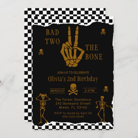 Skull Skeleton Bad to the Bone 2nd Birthday  招待状 (正面/裏面)