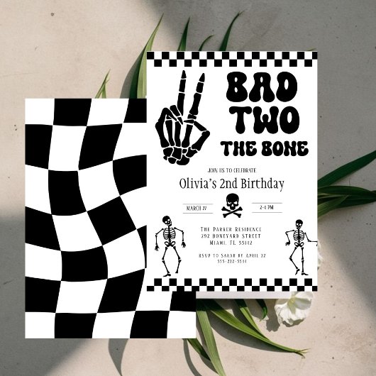 Skull Skeleton Bad to the Bone 2nd Birthday 招待状