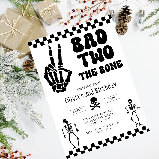Skull Skeleton Bad to the Bone 2nd Birthday  招待状