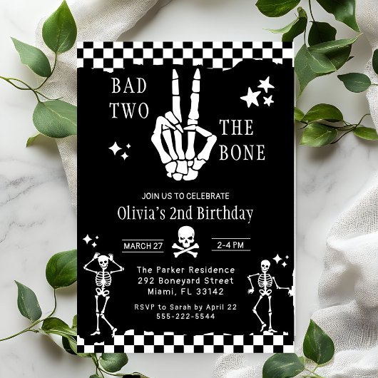 Skull Skeleton Bad to the Bone 2nd Birthday  招待状