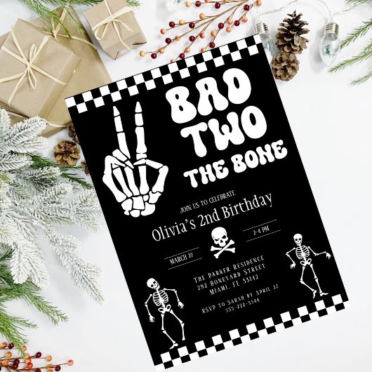 Skull Skeleton Bad to the Bone 2nd Birthday 招待状