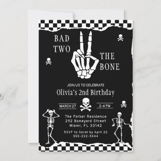 Skull Skeleton Bad to the Bone 2nd Birthday  招待状 (正面)