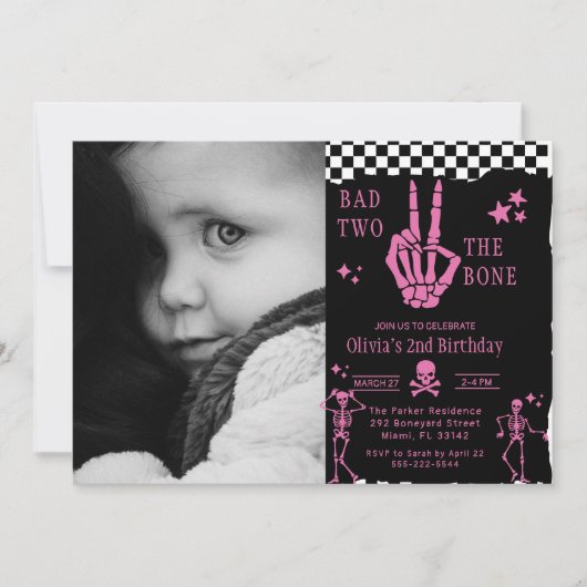 Skull Skeleton Bad to the Bone 2nd Birthday 招待状 (正面)