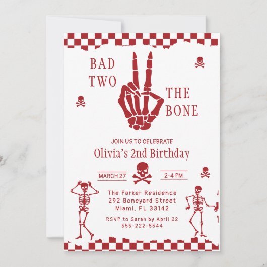 Skull Skeleton Bad to the Bone 2nd Birthday  招待状 (正面)