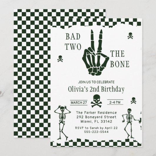 Skull Skeleton Bad to the Bone 2nd Birthday  招待状 (正面/裏面)