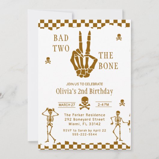 Skull Skeleton Bad to the Bone 2nd Birthday 招待状 (正面)
