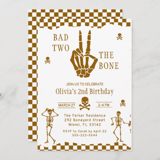 Skull Skeleton Bad to the Bone 2nd Birthday 招待状 (正面/裏面)