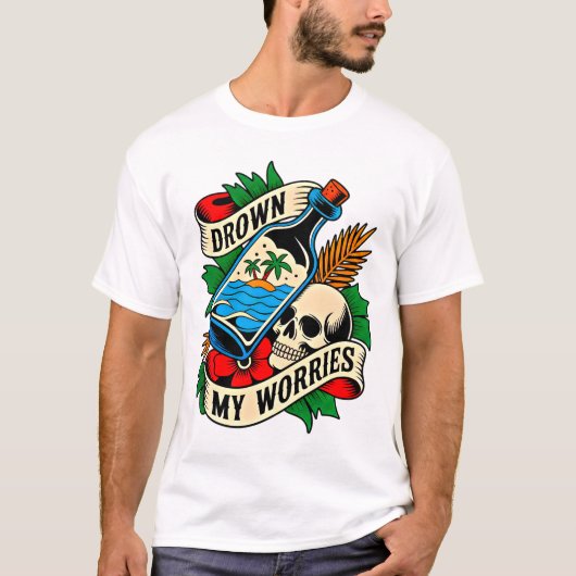 Skull & Sunset Tropical Tattoo | Unique Gift Idea Tシャツ (正面)