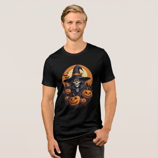 Skull Witch with Pumpkins Halloween Art トライブレンドTシャツ (正面全面)