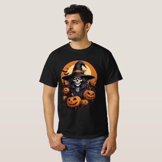 Skull Witch with Pumpkins Halloween Art Tシャツ (正面フル)