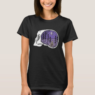 Skull with Forest Nighttime Camping Scene True Cri Tシャツ