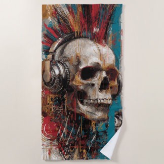 Skull with Headphones Punk Graffiti Art Design ビーチタオル