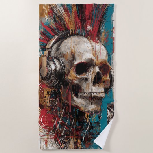 Skull with Headphones Punk Graffiti Art Design ビーチタオル (正面)