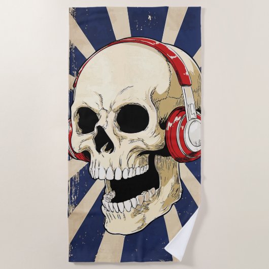 Skull with Headphones Retro Music Art ビーチタオル (正面)