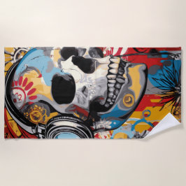 Skull With Headphones Urban Music Art ビーチタオル