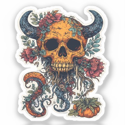 Skull with Horns & Pumpkin Sticker – Spooky Hallow シール (正面)