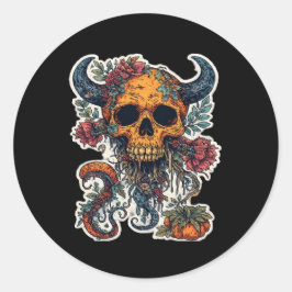 Skull with Horns & Pumpkin Sticker – Spooky Hallow ラウンドシール